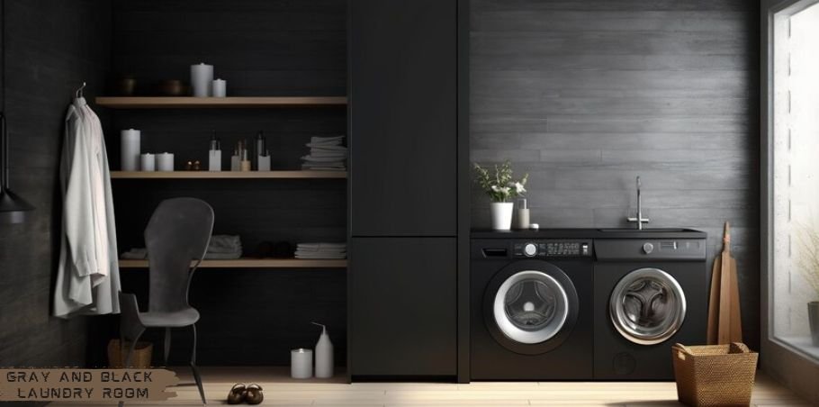 Gray and black laundry room